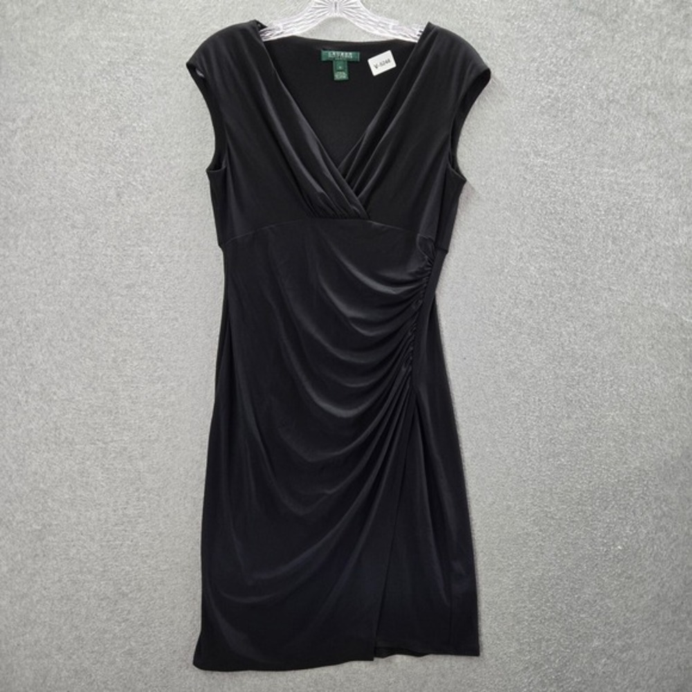 Lauren Ralph Lauren Women Dress 10 Black Faux Warp Ruched V Neck